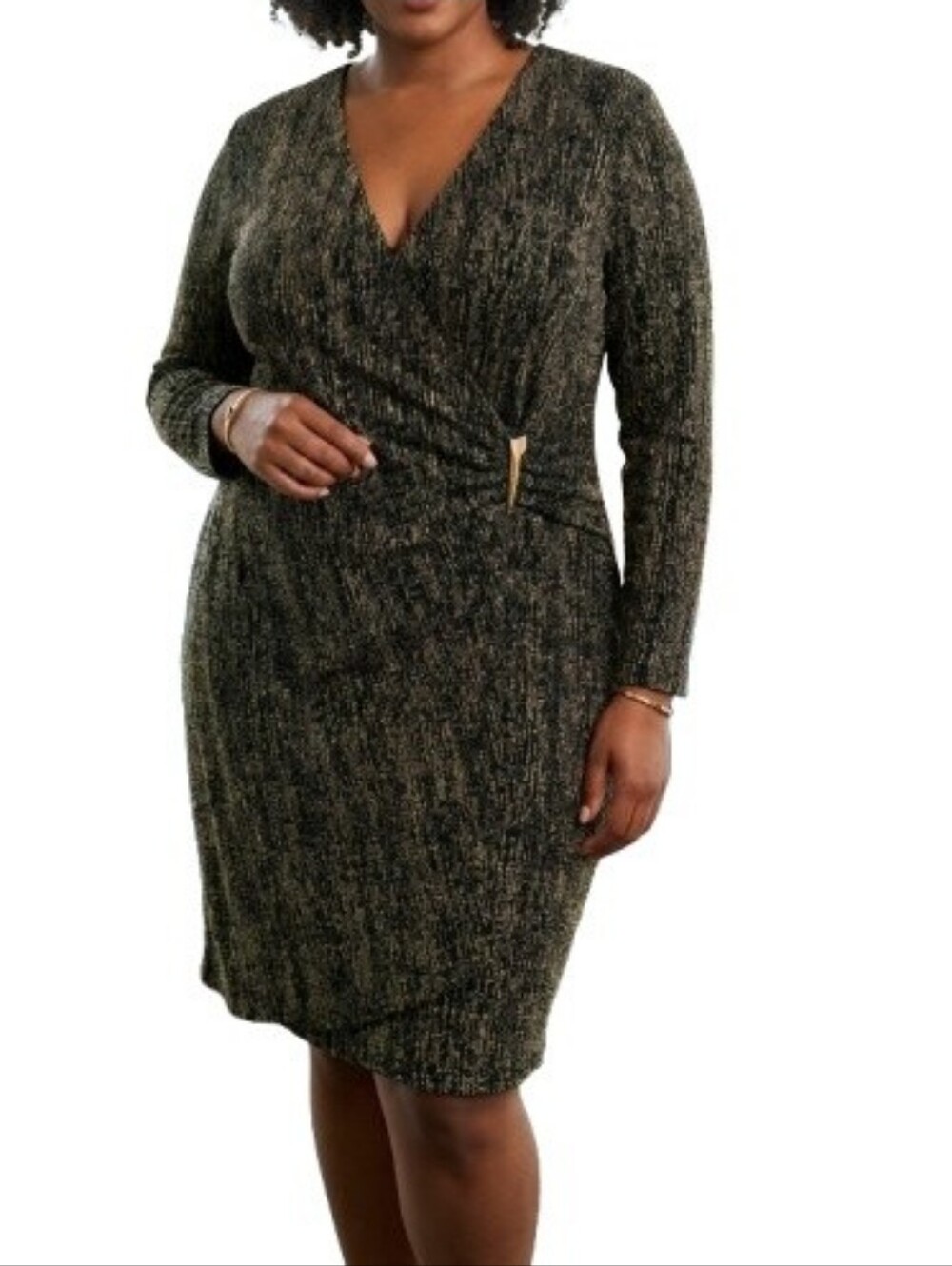 Calvin Klein Plus Faux-Wrap Metallic Dress Black Gold Long Sleeves Dressy Party
